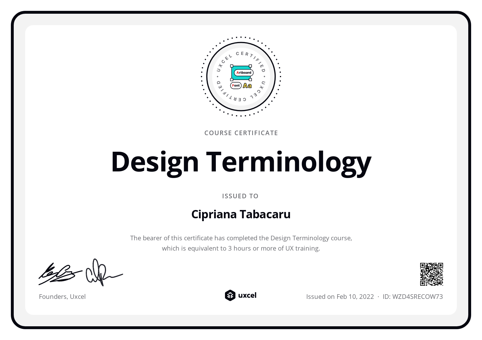 Cipriana Tabacaru's certificate